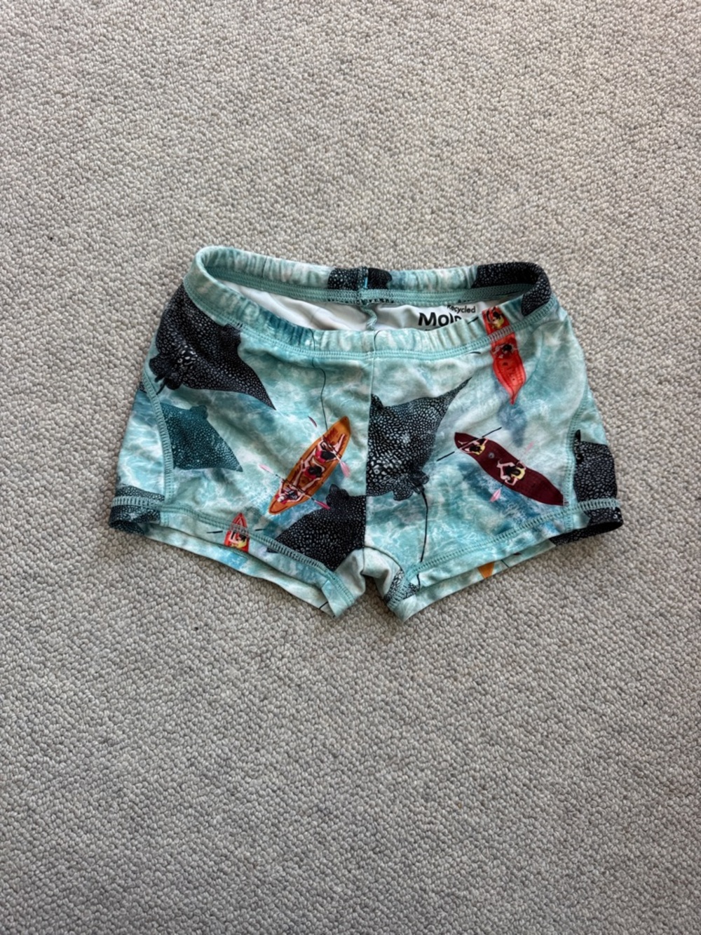 Molo Mint-Blue Swim Trunks with Kayak & Manta Ray Motif